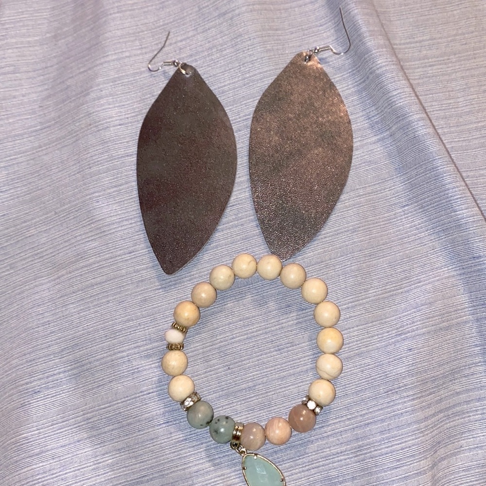 Bundle earrings with a bracelet!!! Leather earrings and cute stone bracelet